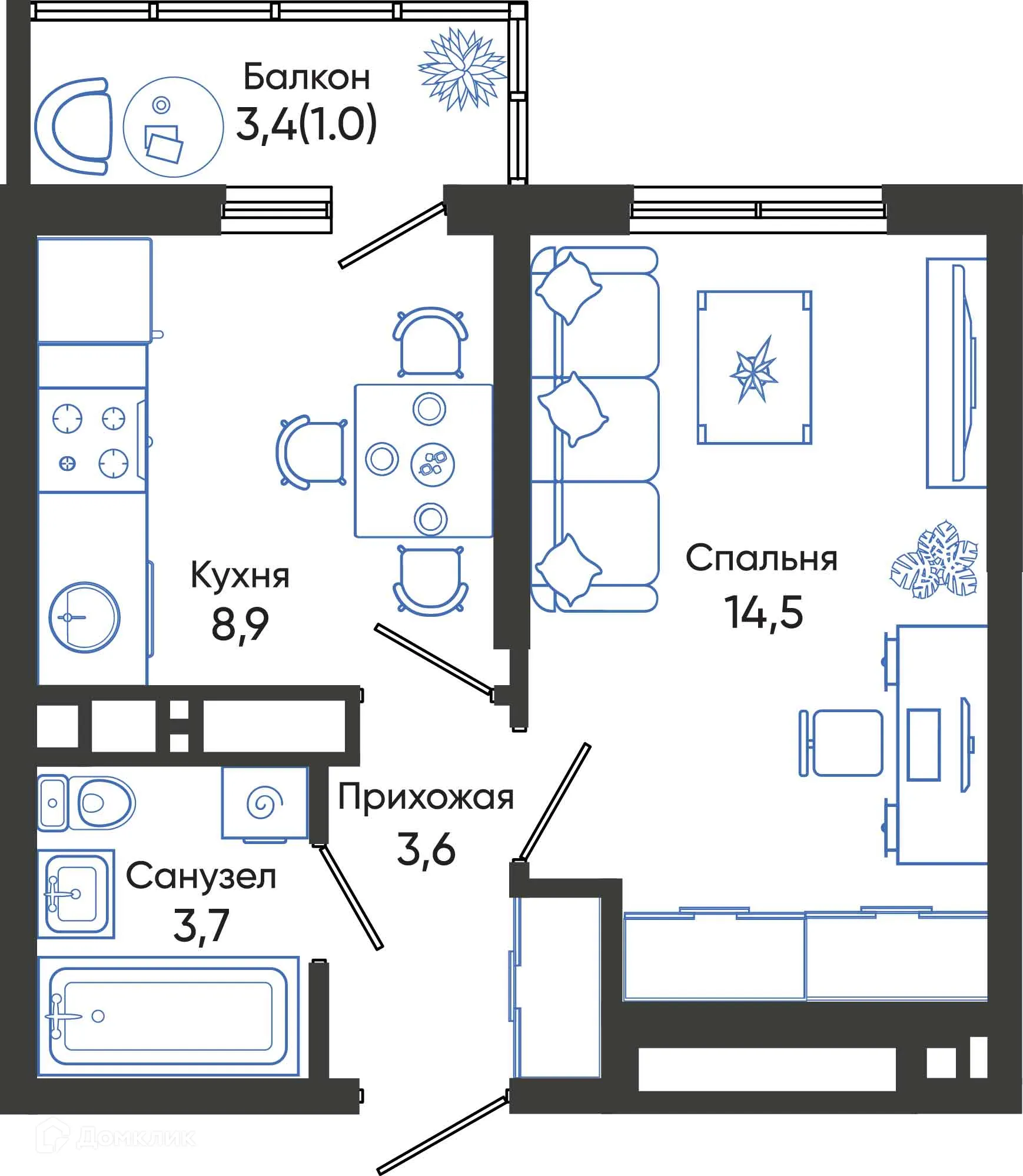 Планировка 1-комнатной квартиры 31.7 м² в ЖК ОБЛАКА, г. Новороссийск — фото 1