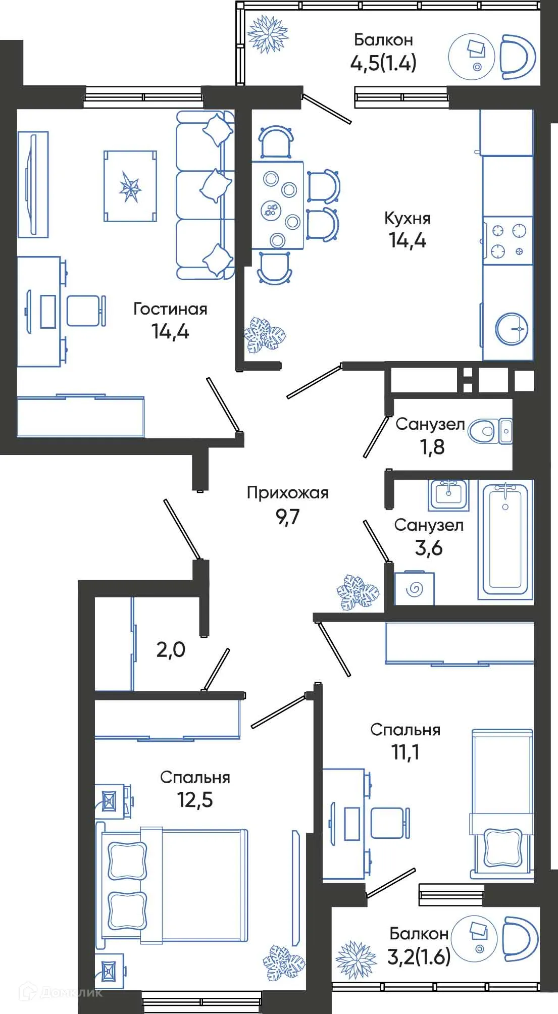 Планировка 3-комнатной квартиры 72.5 м² в ЖК ОБЛАКА, г. Новороссийск — фото 1