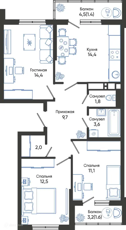 Планировка 3 комн. в ЖК ОБЛАКА