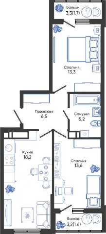 Планировка 2-комнатной квартиры 60.1 м² в ЖК ОБЛАКА, г. Новороссийск — фото 1