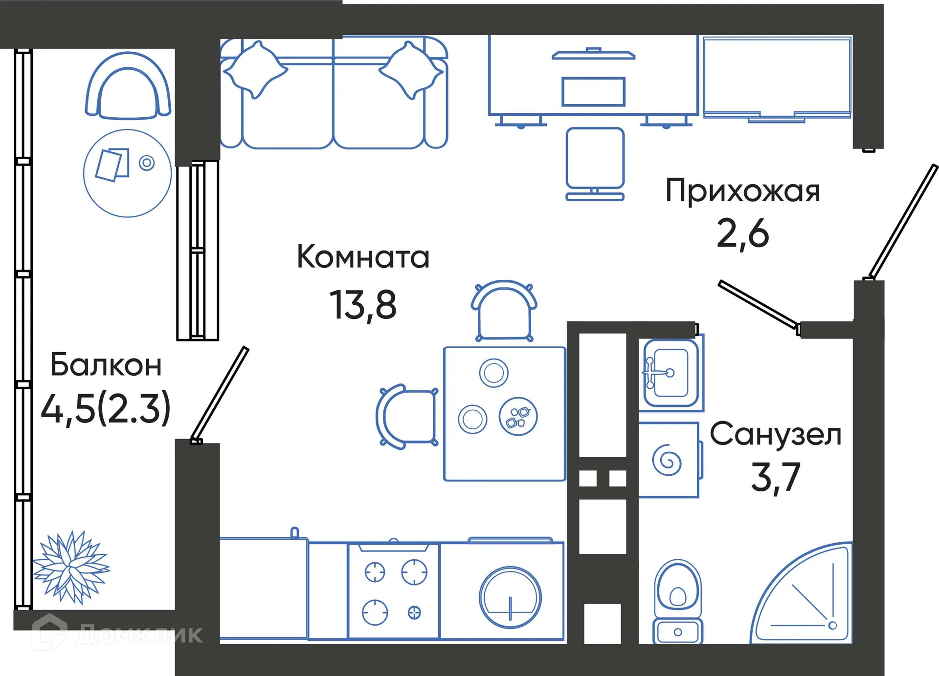Планировка студии квартиры 22.4 м² в ЖК ОБЛАКА, г. Новороссийск — фото 1