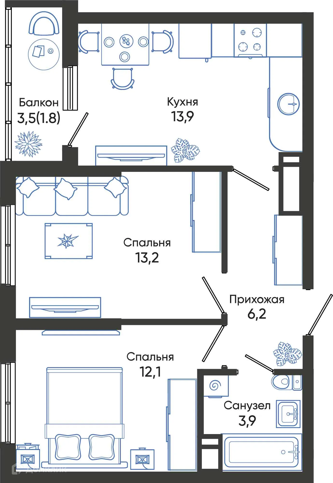 Планировка 2-комнатной квартиры 51.1 м² в ЖК ОБЛАКА, г. Новороссийск — фото 1