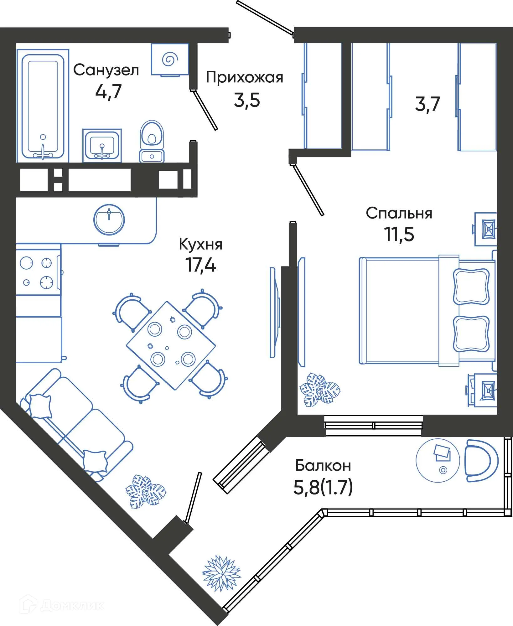 Планировка 1-комнатной квартиры 42.5 м² в ЖК ОБЛАКА, г. Новороссийск — фото 1