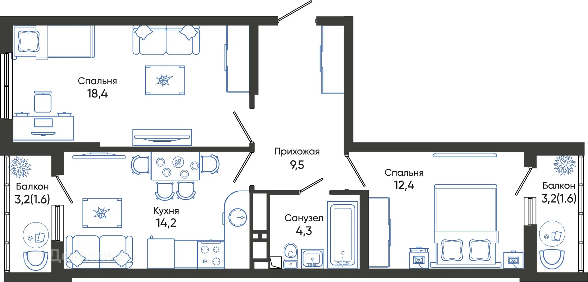 Планировка 2-комнатной квартиры 62 м² в ЖК ОБЛАКА, г. Новороссийск — фото 1