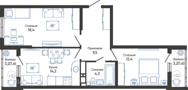 Планировка 2 комн. в ЖК ОБЛАКА