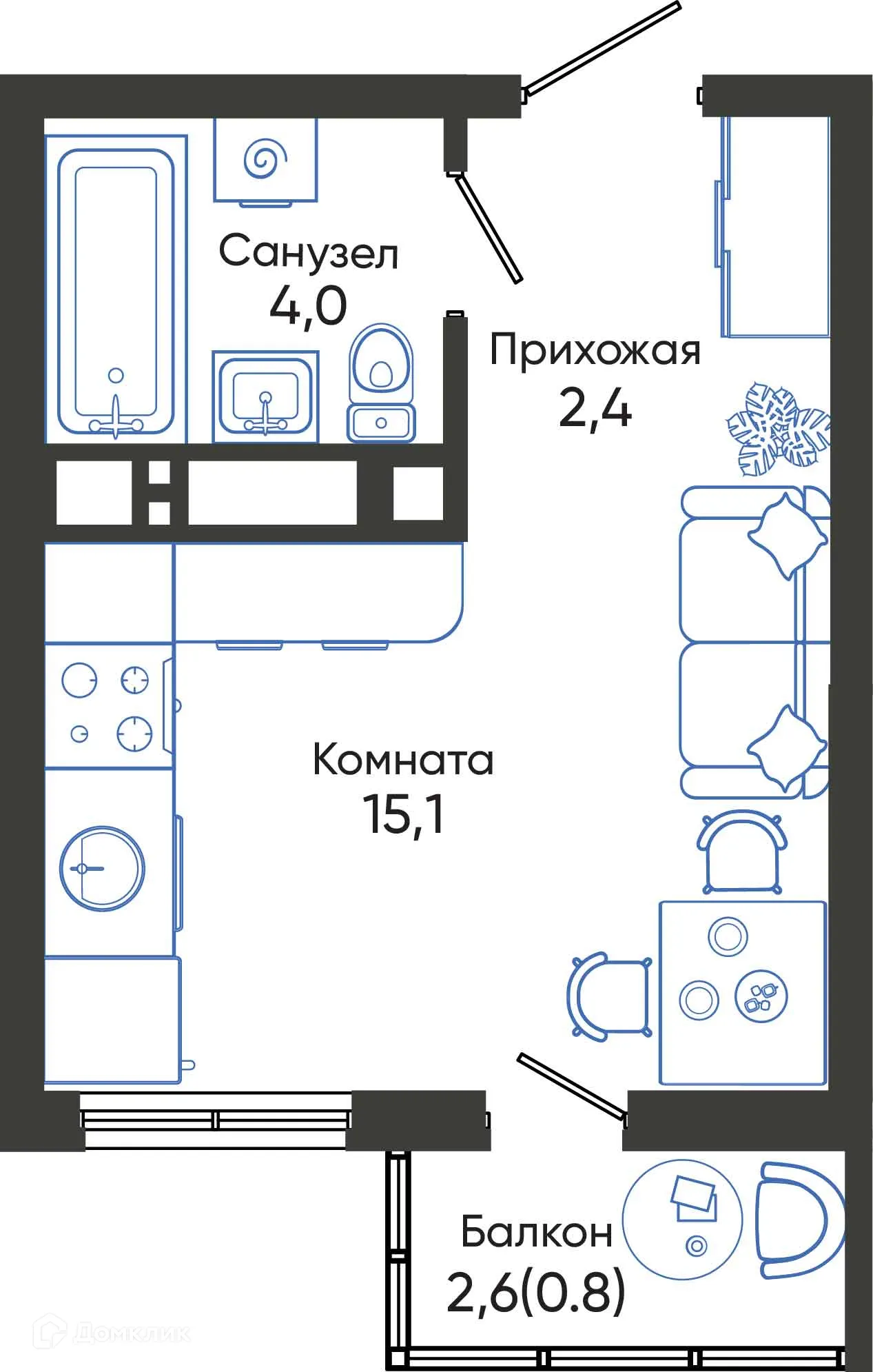 Планировка студии квартиры 22.3 м² в ЖК ОБЛАКА, г. Новороссийск — фото 1