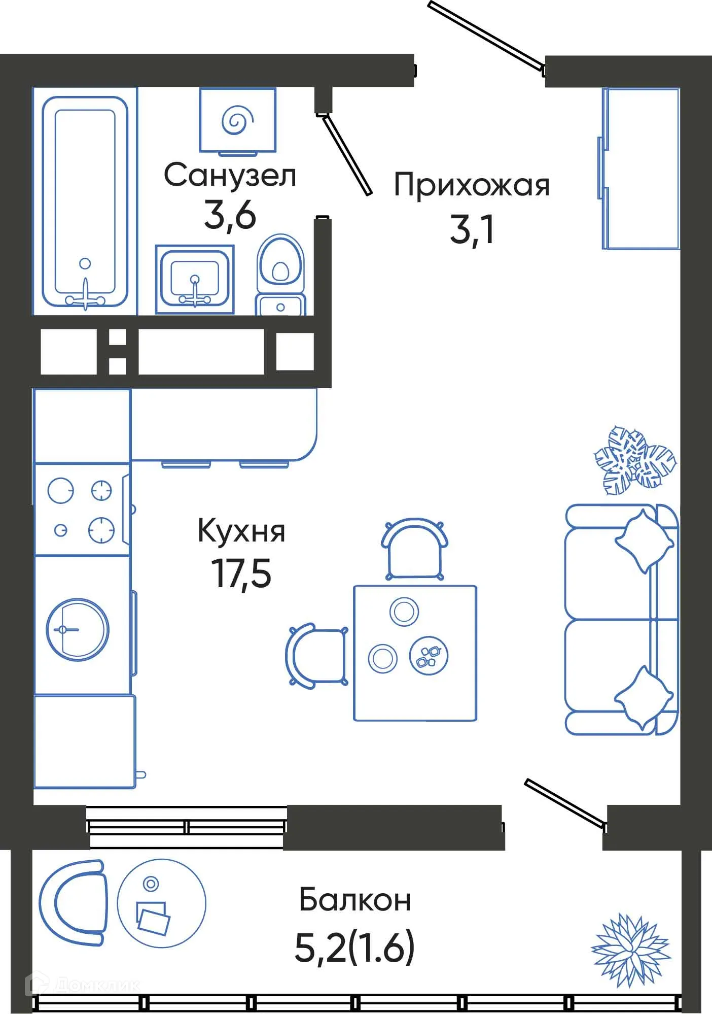 Планировка студии квартиры 25.8 м² в ЖК ОБЛАКА, г. Новороссийск — фото 1