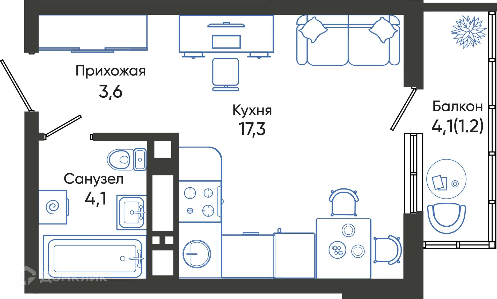 Планировка студии квартиры 26.2 м² в ЖК ОБЛАКА, г. Новороссийск — фото 1