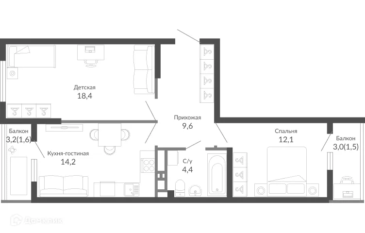 Планировка 2-комнатной квартиры 62.2 м² в ЖК ОБЛАКА, г. Новороссийск — фото 1