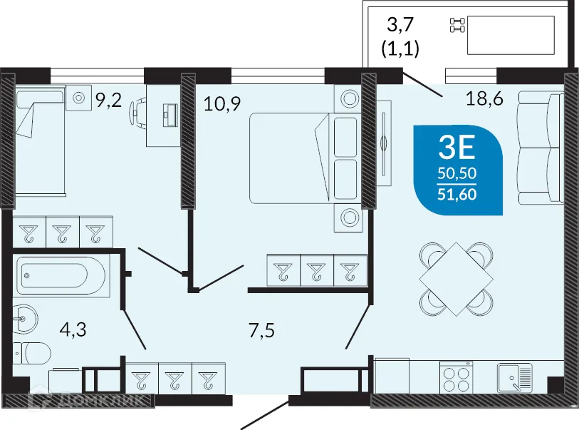 Планировка 2-комнатной квартиры 51.6 м² в ЖК ОБЛАКА, г. Новороссийск — фото 1