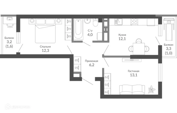 Планировка 2 комн. в ЖК ОБЛАКА