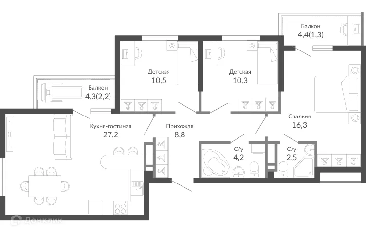 Планировка 3-комнатной квартиры 83.4 м² в ЖК ОБЛАКА, г. Новороссийск — фото 1