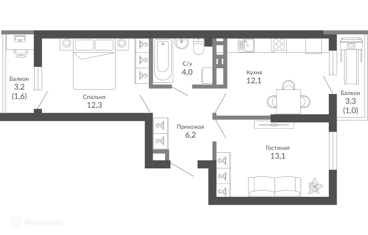 Планировка 2-комнатной квартиры 50.1 м² в ЖК ОБЛАКА, г. Новороссийск — фото 1