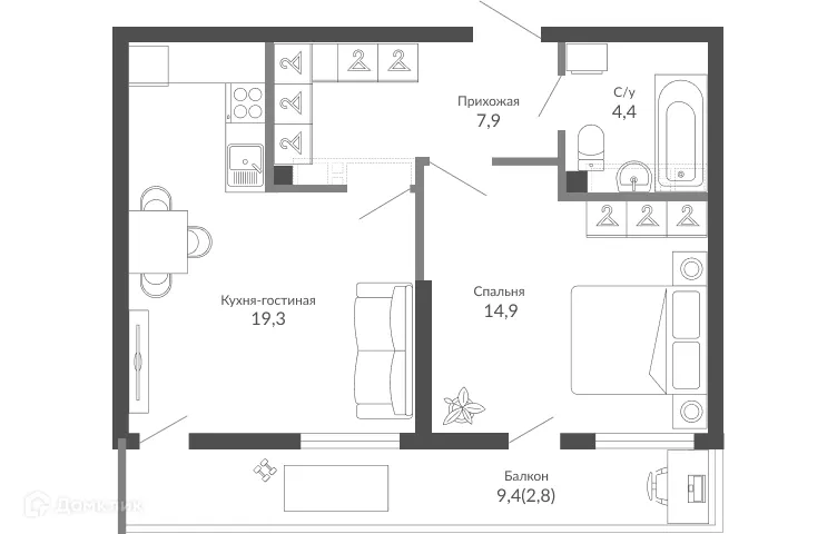 Планировка 1-комнатной квартиры 49.1 м² в ЖК ОБЛАКА, г. Новороссийск — фото 1