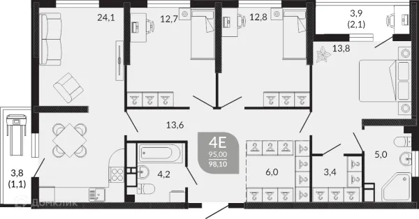 Планировка 3 комн. в ЖК ОБЛАКА