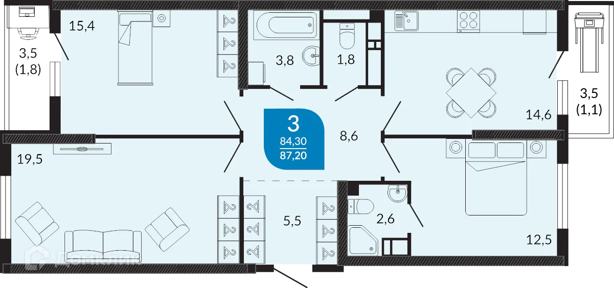 Планировка 3-комнатной квартиры 87.6 м² в ЖК ОБЛАКА, г. Новороссийск — фото 1