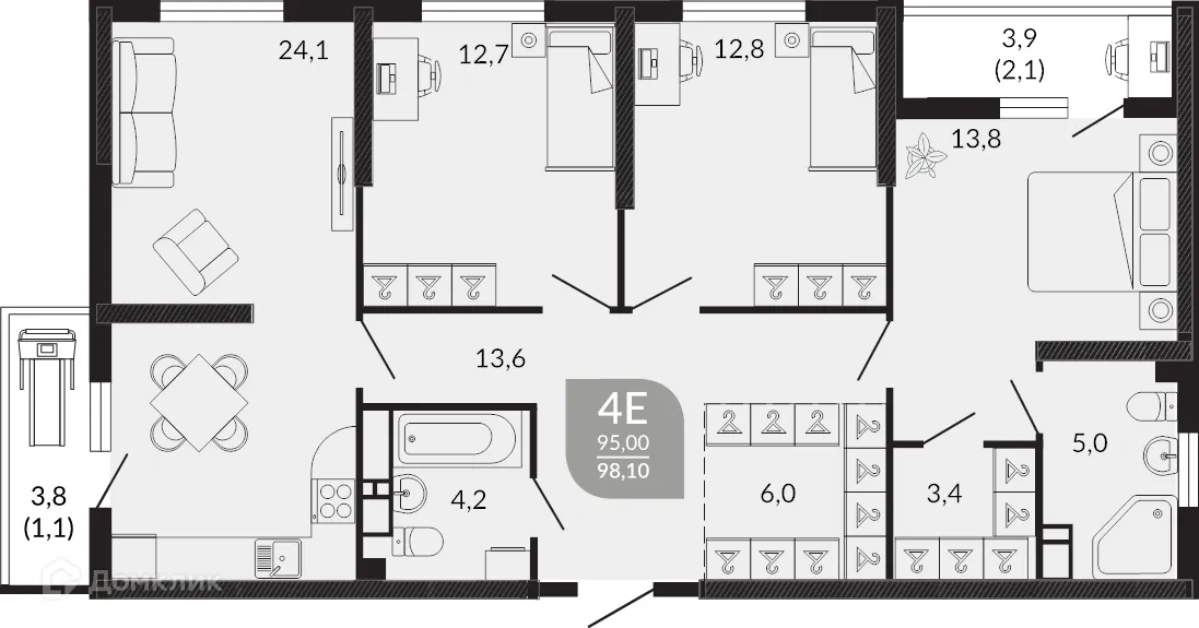 Планировка 3-комнатной квартиры 99.5 м² в ЖК ОБЛАКА, г. Новороссийск — фото 1