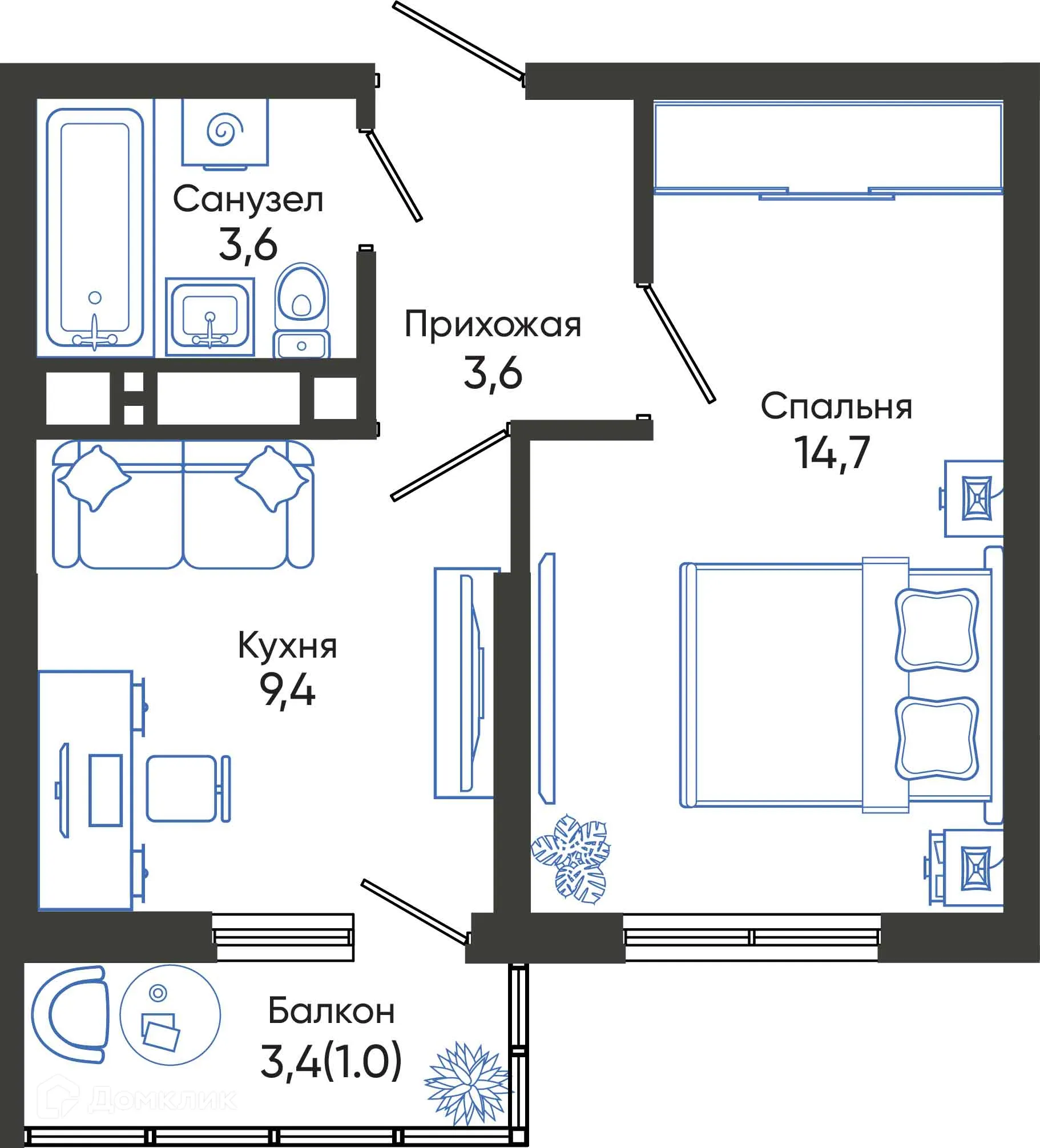 Планировка 1-комнатной квартиры 32.3 м² в ЖК ОБЛАКА, г. Новороссийск — фото 1
