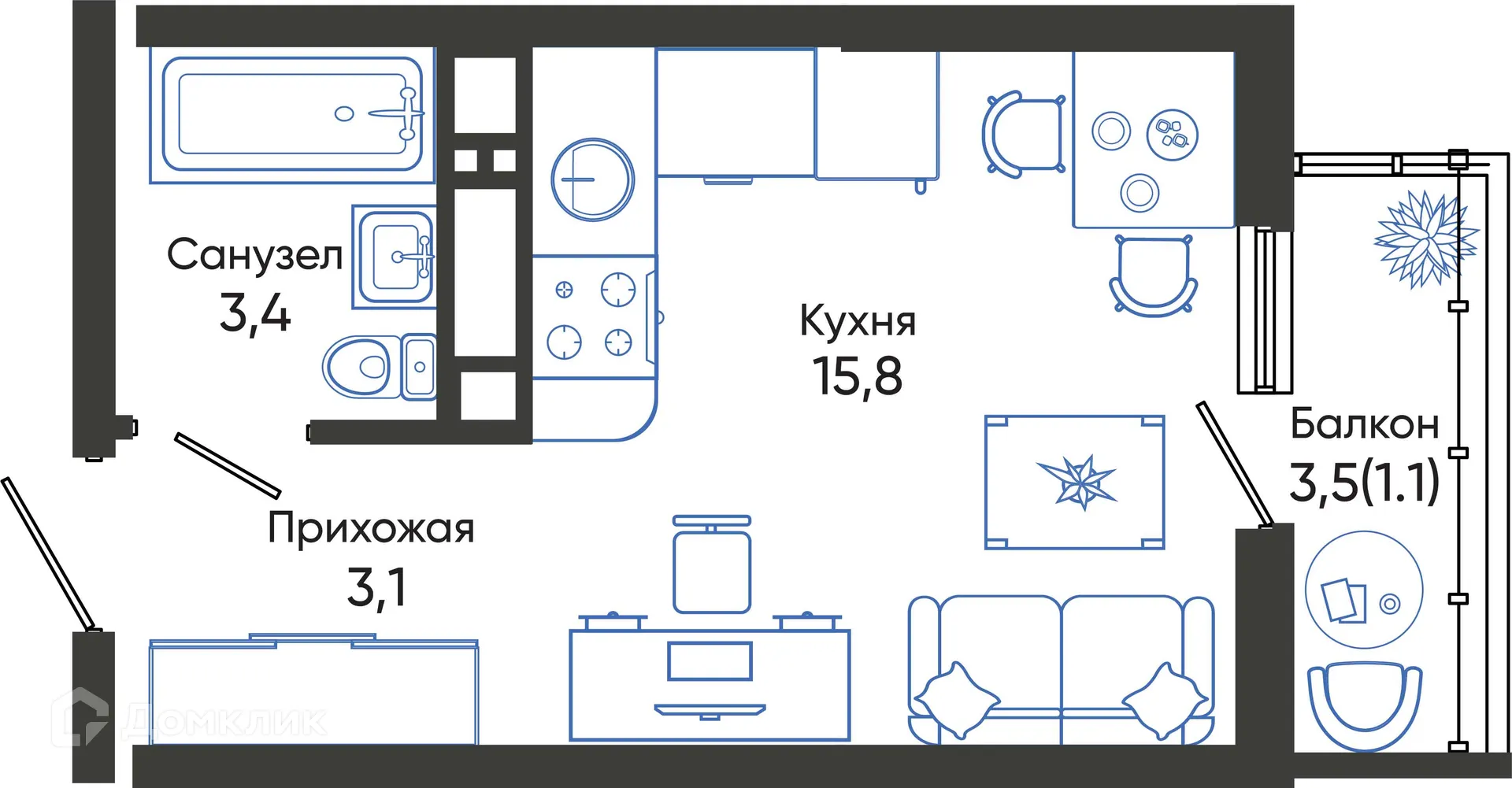 Планировка студии квартиры 23.4 м² в ЖК ОБЛАКА, г. Новороссийск — фото 1
