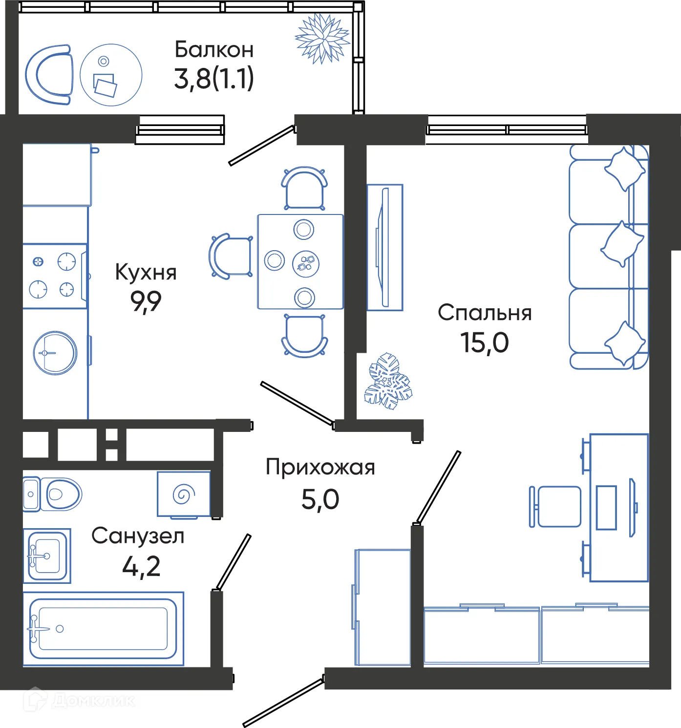 Планировка 1-комнатной квартиры 35.2 м² в ЖК ОБЛАКА, г. Новороссийск — фото 1