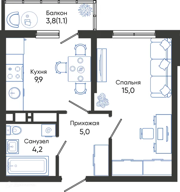 Планировка 1 комн. в ЖК ОБЛАКА