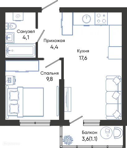Планировка 1 комн. в ЖК ОБЛАКА