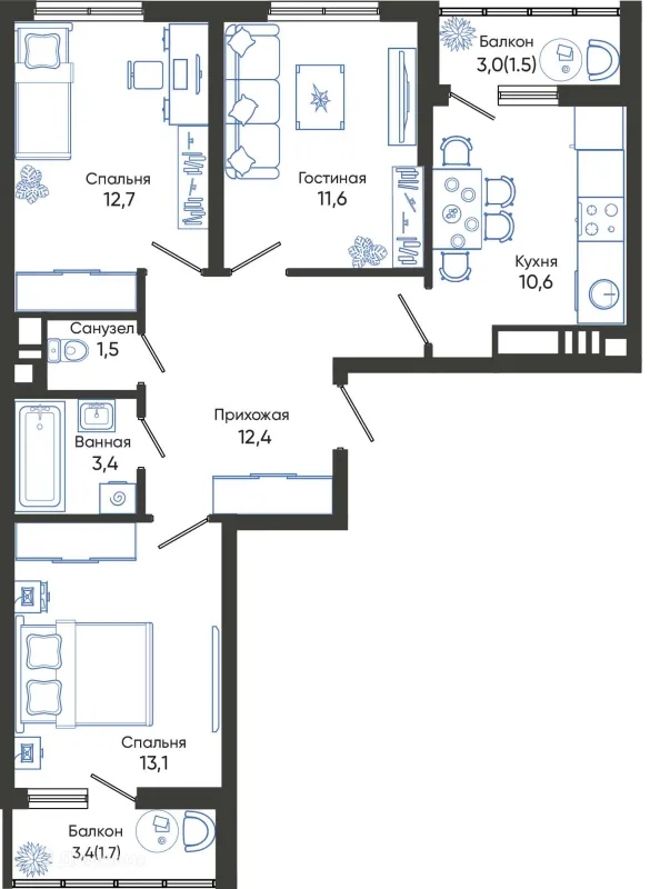 Планировка 3 комн. в ЖК ОБЛАКА