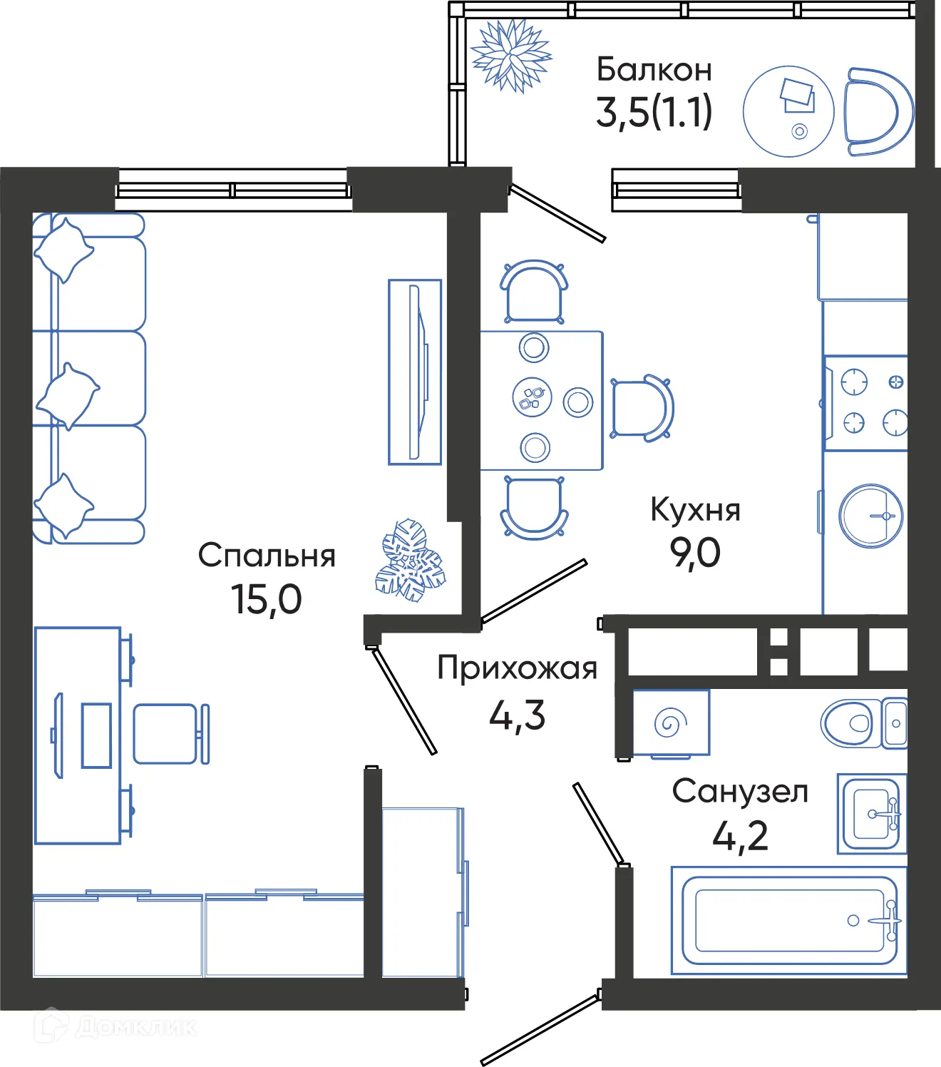 Планировка 1-комнатной квартиры 33.6 м² в ЖК ОБЛАКА, г. Новороссийск — фото 1