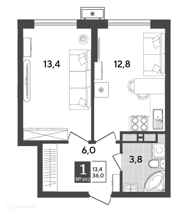 Планировка 1-комнатной квартиры 36 м² в ЖК Порто Ново, г. Новороссийск — фото 2