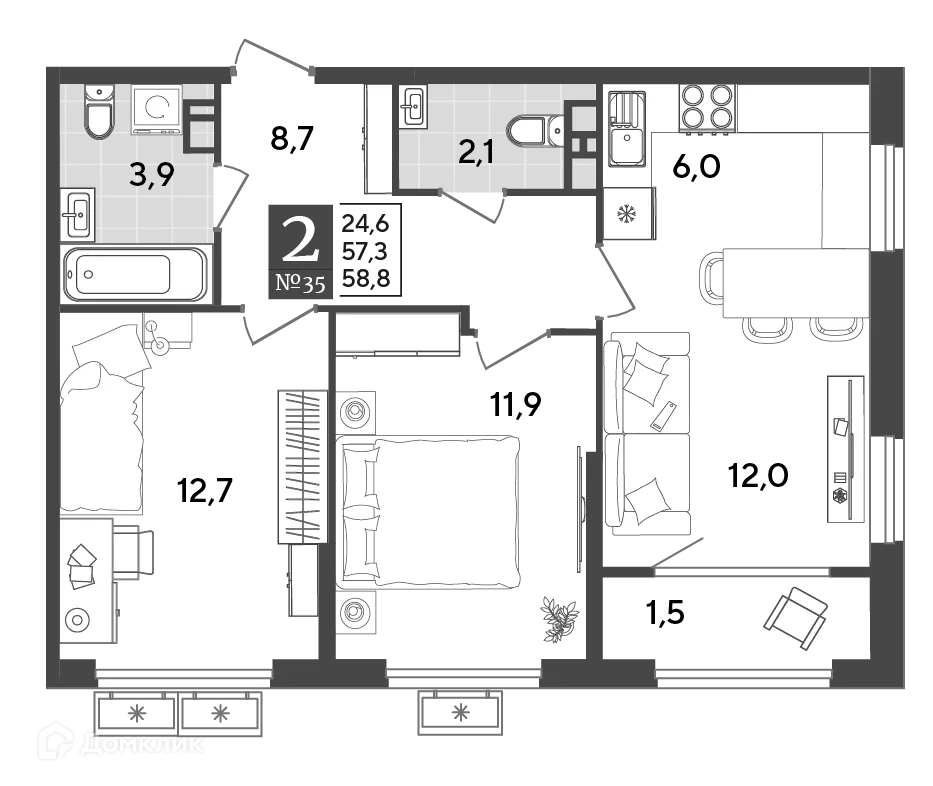 Планировка 2-комнатной квартиры 58.8 м² в ЖК Порто Ново, г. Новороссийск — фото 2