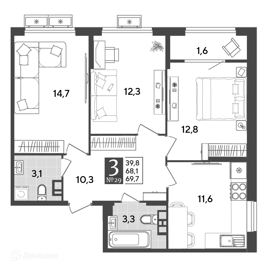 Планировка 3-комнатной квартиры 69.7 м² в ЖК Порто Ново, г. Новороссийск — фото 2