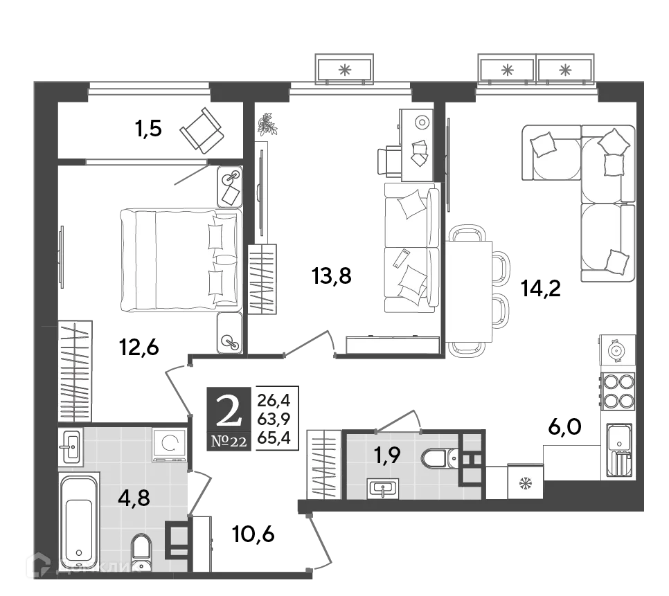 Планировка 2-комнатной квартиры 65.4 м² в ЖК Порто Ново, г. Новороссийск — фото 2
