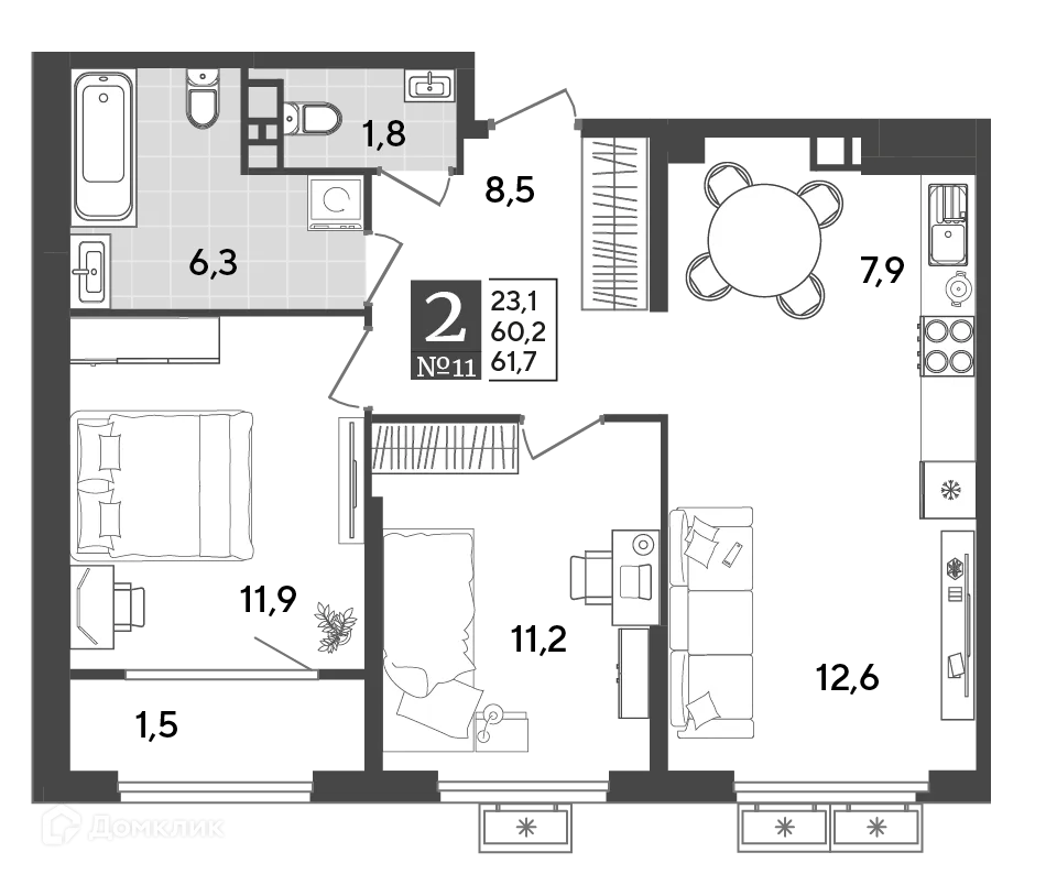 Планировка 2-комнатной квартиры 61.7 м² в ЖК Порто Ново, г. Новороссийск — фото 2