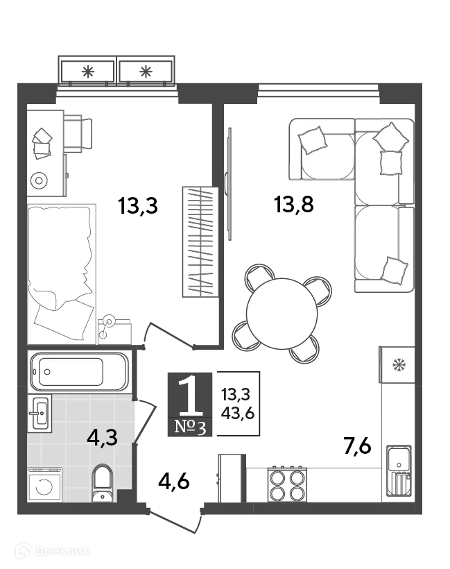 Планировка 1-комнатной квартиры 43.6 м² в ЖК Порто Ново, г. Новороссийск — фото 2