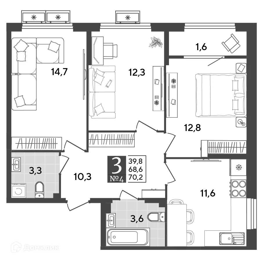 Планировка 3-комнатной квартиры 70.2 м² в ЖК Порто Ново, г. Новороссийск — фото 2