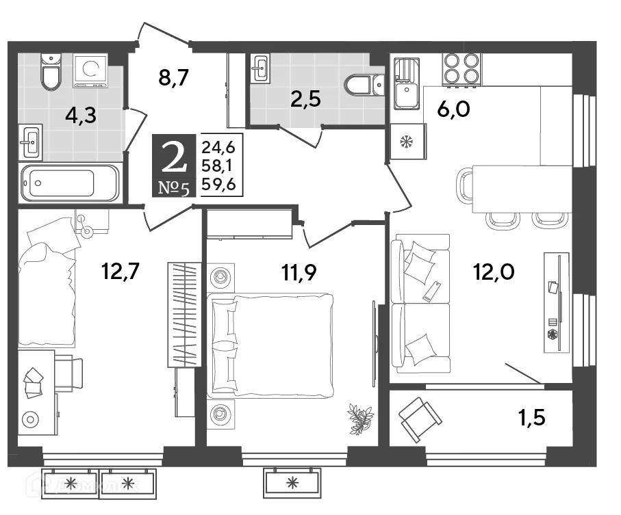 Планировка 2-комнатной квартиры 59.6 м² в ЖК Порто Ново, г. Новороссийск — фото 2