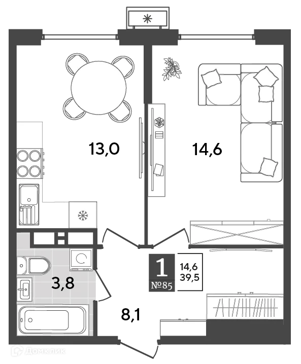 Планировка 1-комнатной квартиры 39.5 м² в ЖК Порто Ново, г. Новороссийск — фото 2