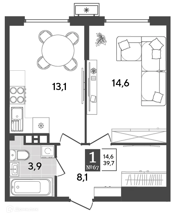Планировка 1-комнатной квартиры 39.7 м² в ЖК Порто Ново, г. Новороссийск — фото 2