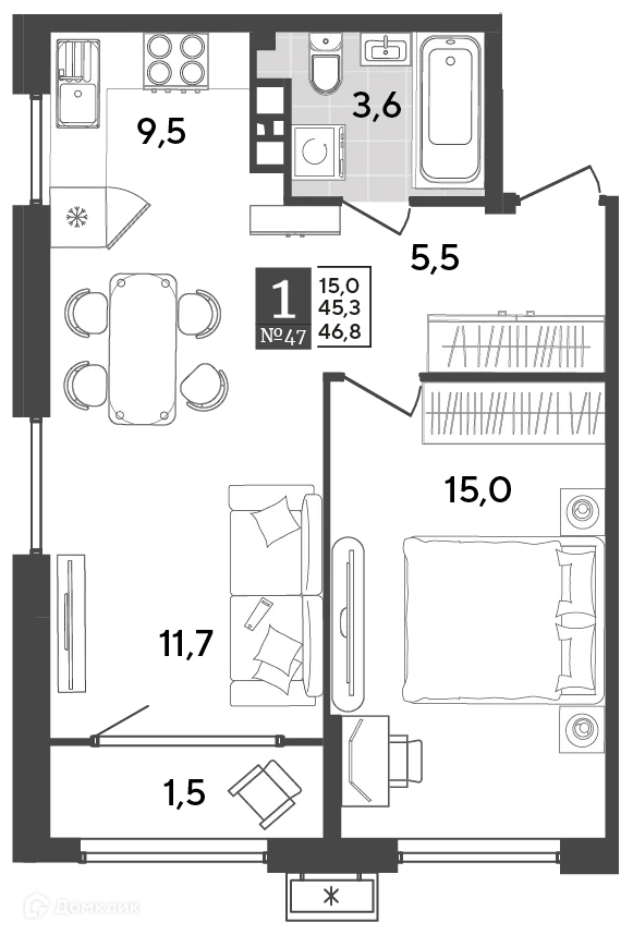 Планировка 1-комнатной квартиры 46.8 м² в ЖК Порто Ново, г. Новороссийск — фото 2