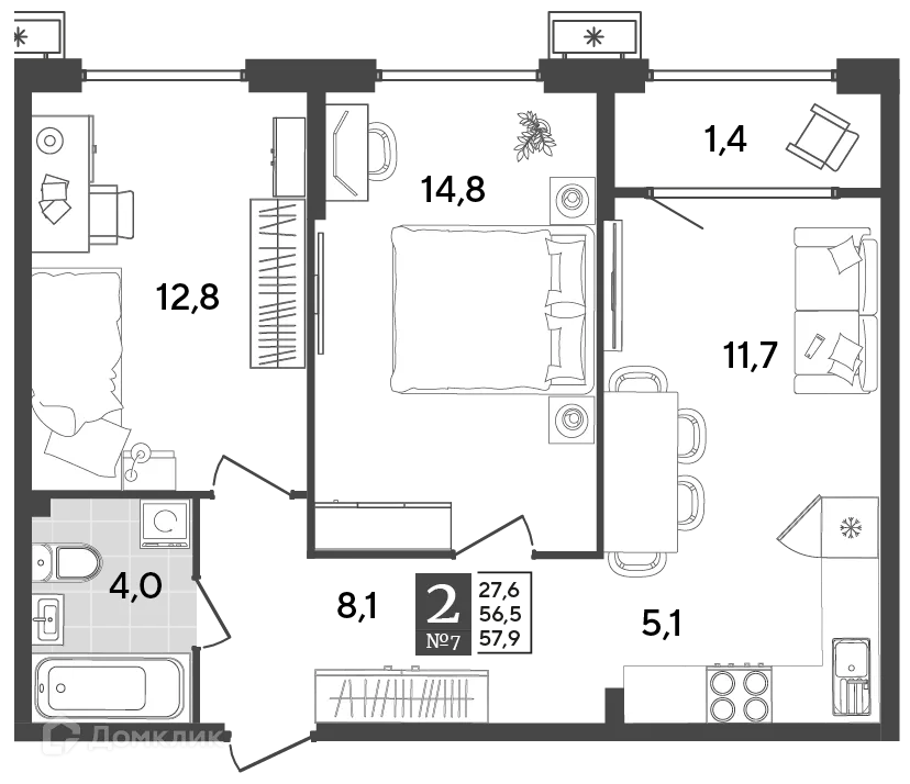 Планировка 2-комнатной квартиры 57.9 м² в ЖК Порто Ново, г. Новороссийск — фото 2
