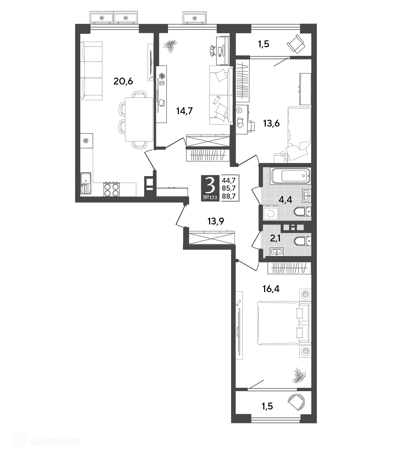 Планировка 3-комнатной квартиры 88.7 м² в ЖК Порто Ново, г. Новороссийск — фото 2