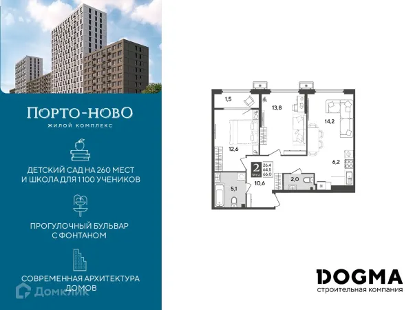 Планировка 2 комн. в ЖК Порто Ново