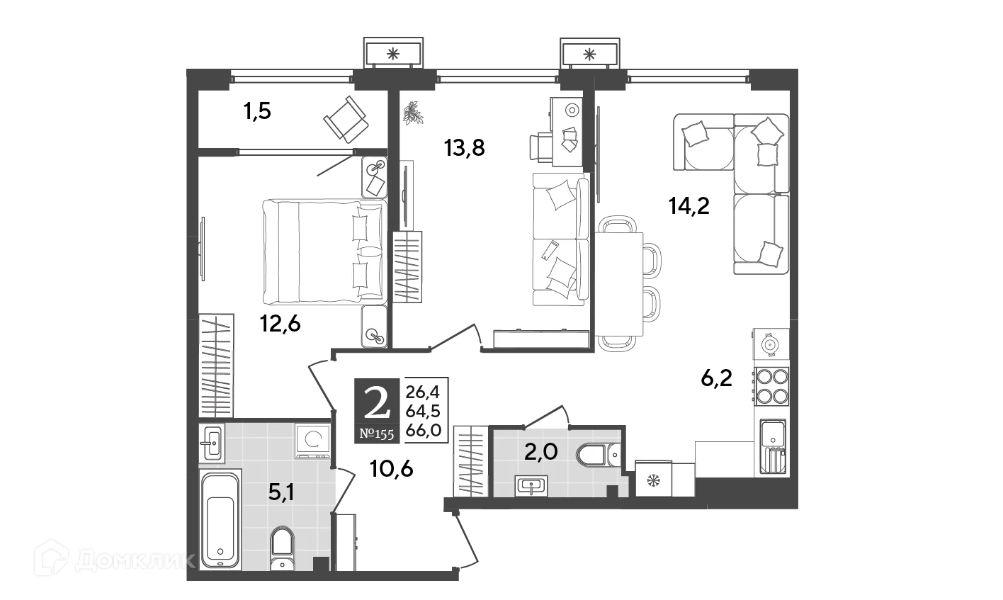 Планировка 2-комнатной квартиры 66 м² в ЖК Порто Ново, г. Новороссийск — фото 2