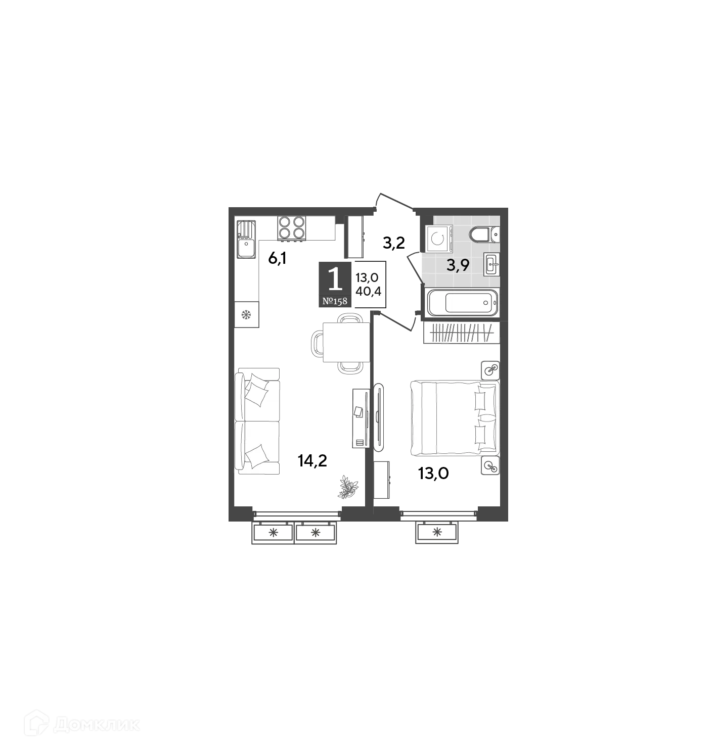 Планировка 1-комнатной квартиры 40.4 м² в ЖК Порто Ново, г. Новороссийск — фото 2