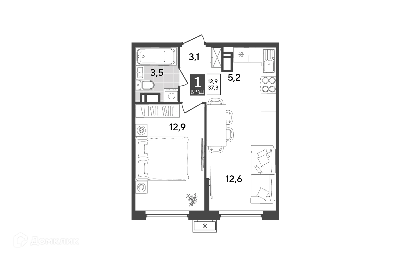 Планировка 1-комнатной квартиры 37.3 м² в ЖК Порто Ново, г. Новороссийск — фото 2