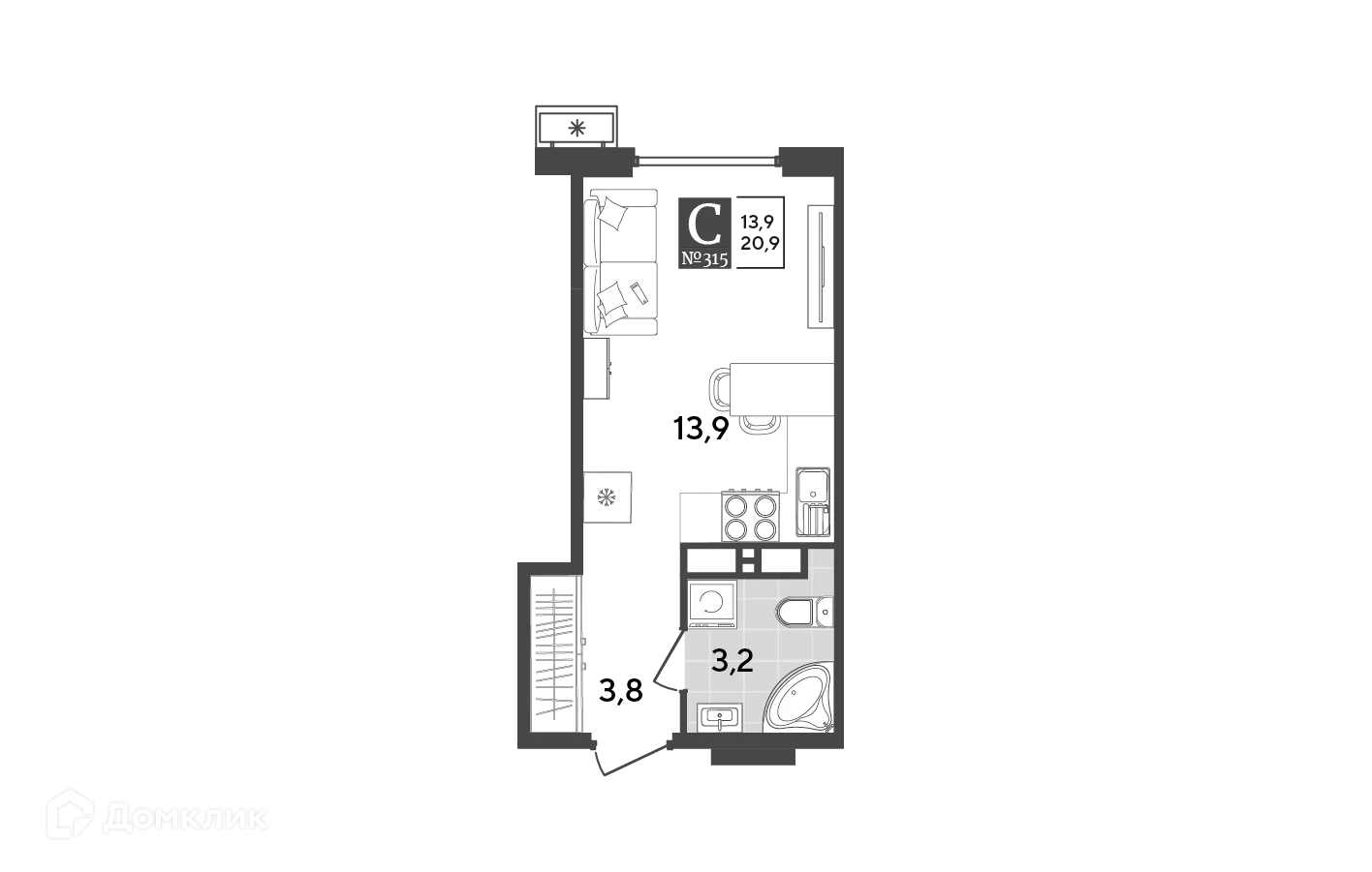 Планировка студии квартиры 20.9 м² в ЖК Порто Ново, г. Новороссийск — фото 2