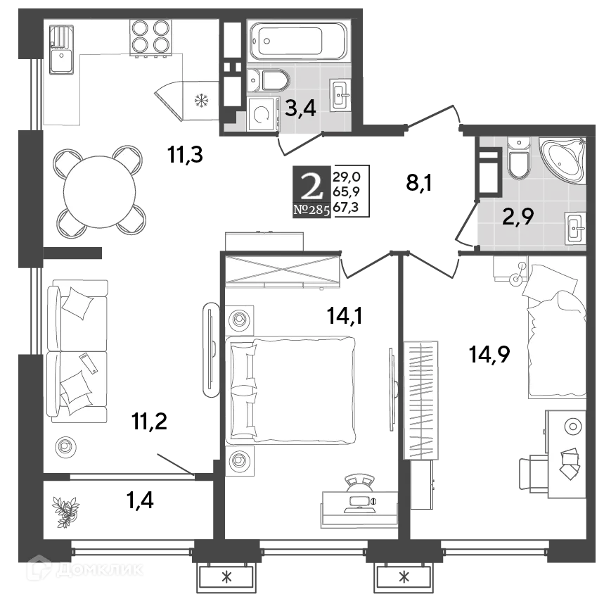 Планировка 2-комнатной квартиры 67.3 м² в ЖК Порто Ново, г. Новороссийск — фото 2
