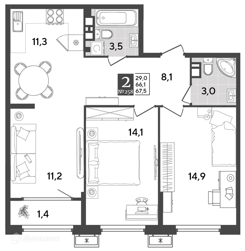 Планировка 2-комнатной квартиры 67.5 м² в ЖК Порто Ново, г. Новороссийск — фото 2