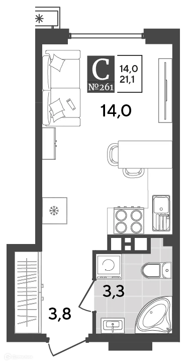 Планировка студии квартиры 21.1 м² в ЖК Порто Ново, г. Новороссийск — фото 2