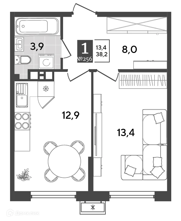 Планировка 1-комнатной квартиры 38.2 м² в ЖК Порто Ново, г. Новороссийск — фото 2